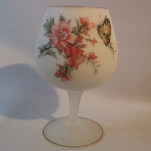 Vintage Frosted Matte Glass Compote Snifter Bowl Vase, Vibrant Butterfly Floral